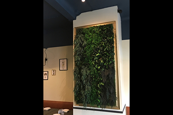 Un mur végétal habille un mur du restaurant.