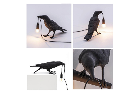 Décoration originale et design imaginée par Edifix : une lampe suspendue dans le bec d'un corbeau