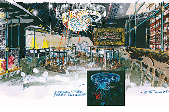 Croquis réalisé par Edifix présentant l'aménagement de la salle principale du bar de nuit. Décoration design, jeux de lumière et boule à facettes d'1m de diamètre